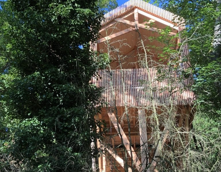 Cabane perchée en bois, entourée de verdure, offrant une vue imprenable sur la nature.