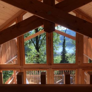 Cabane en bois avec vue panoramique sur la nature verdoyante dAuvergne-Rhône-Alpes.