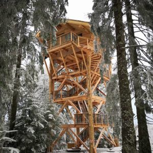 Cabane perchée en bois au cœur des arbres, entourée de neige scintillante.