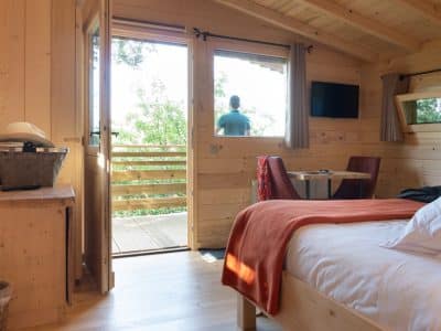 Cabane en bois avec vue sur la nature, lit confortable et ambiance chaleureuse.