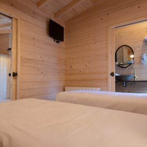 Chalet en bois chaleureux avec lits jumeaux et salle de bain moderne.