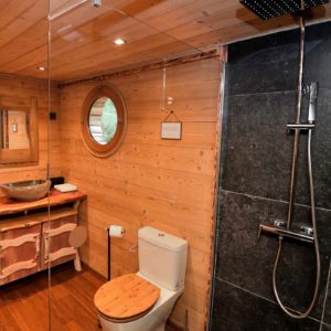 Salle de bain moderne en bois dans un hébergement insolite en Auvergne.