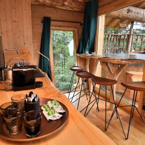 Cabane en bois en Auvergne, avec un bar en bois et vue sur la nature.