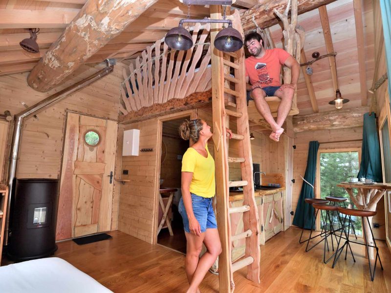 Cabane en bois perchée avec échelle, ambiance chaleureuse et naturelle.