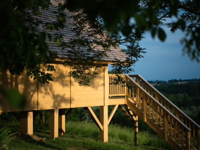Cabane en bois perchée, entourée de verdure, offrant une vue panoramique.