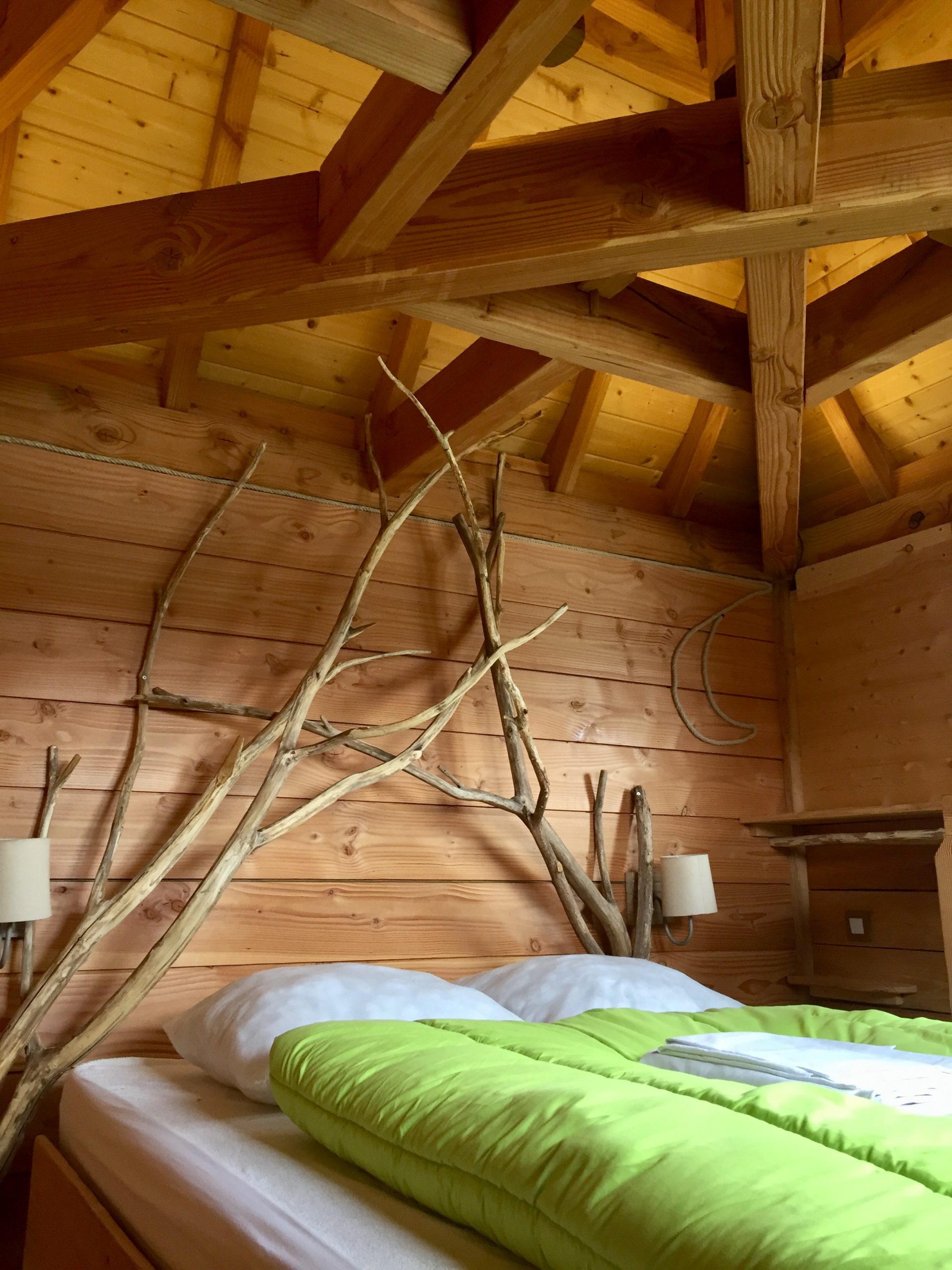 IMG_0895 Chalet en bois avec un lit confortable et des branches décoratives au mur.