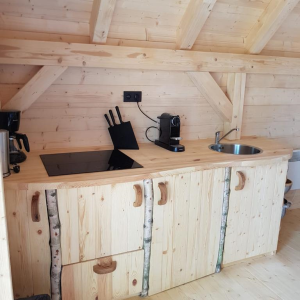 Hébergement insolite en Midi-Pyrénées : chalet en bois avec cuisine moderne et décor naturel.