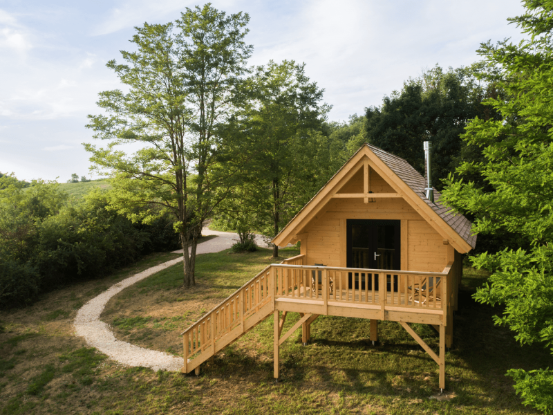 Cabane en bois perchée, entourée darbres, avec une terrasse accueillante.