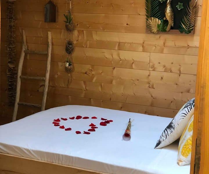 Chalet romantique avec pétales de rose sur le lit et décoration en bois chaleureux.