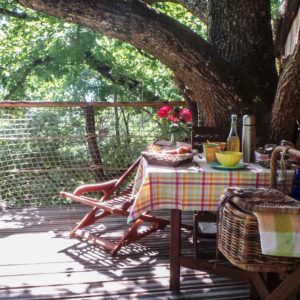 Cabane perchée en Auvergne-Rhône-Alpes avec terrasse suspendue et vue sur la nature.