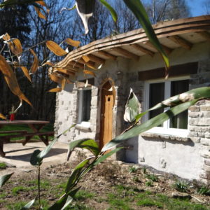 Hébergement insolite en pierre avec toit en bois, entouré de verdure à Grand-Est.