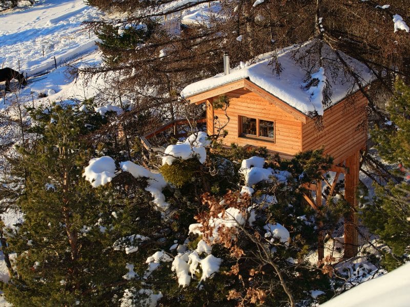 Cabane en bois perchée dans les arbres, entourée de neige et de sapins.