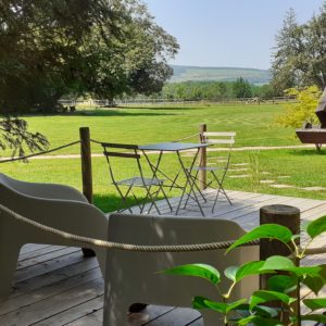 Hébergement insolite en Bourgogne : chalet avec terrasse et vue sur la verdure.