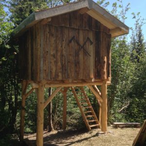 Cabane en bois perchée sur pilotis, entourée de verdure en Auvergne-Rhône-Alpes.