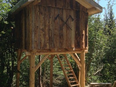 Cabane en bois perchée sur pilotis, entourée de verdure en Auvergne-Rhône-Alpes.