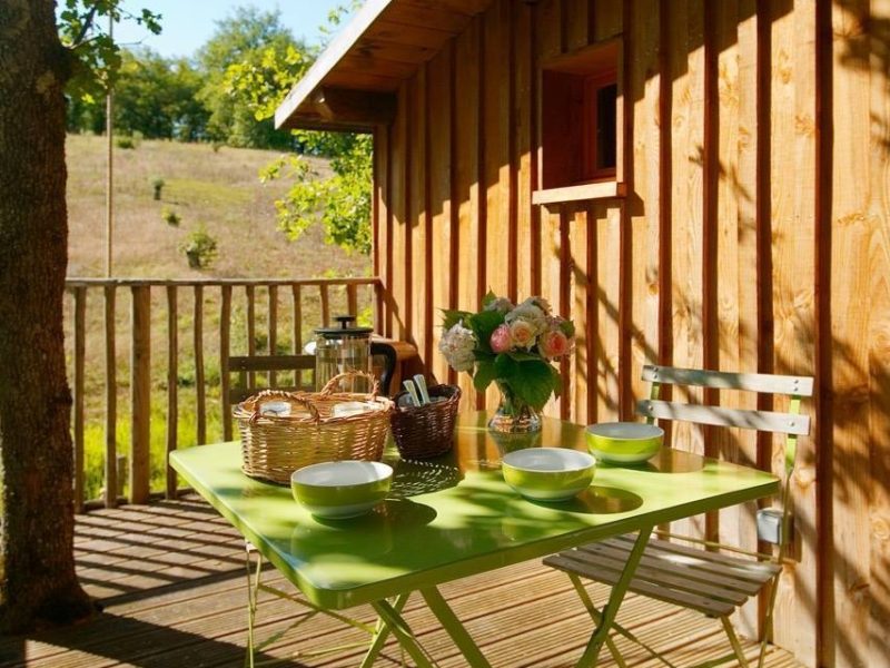 Cabane en bois avec terrasse, table verte et fleurs au centre.