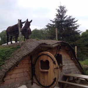 Hébergement insolite en forme de hobbit avec un toit en herbe et des ânes à proximité.
