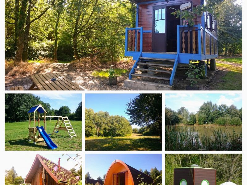 Charmante roulotte en bois, entourée darbres, avec un espace de jeux pour enfants.