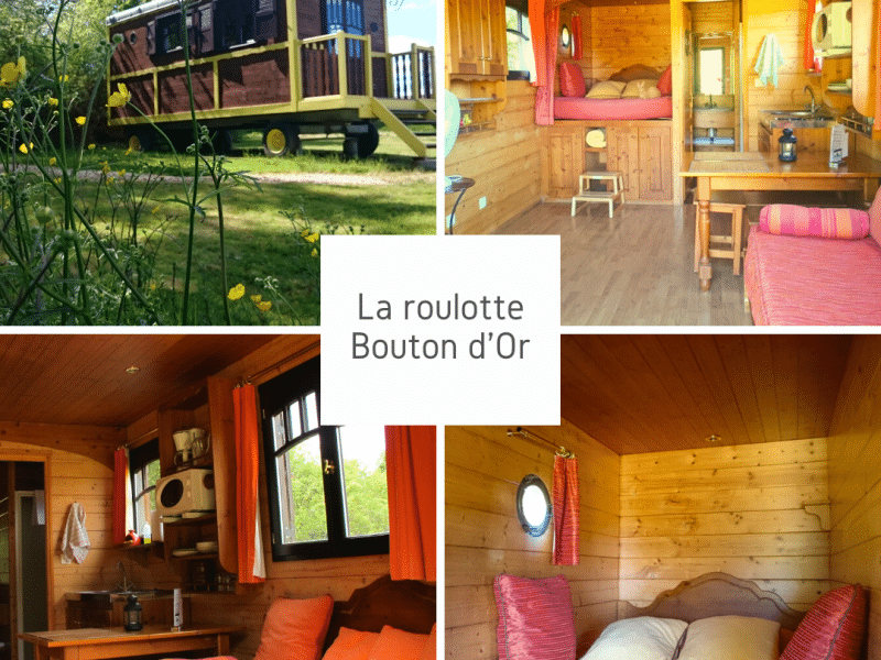 Roulotte Bouton dOr, charmante avec son intérieur en bois et vue sur la nature.