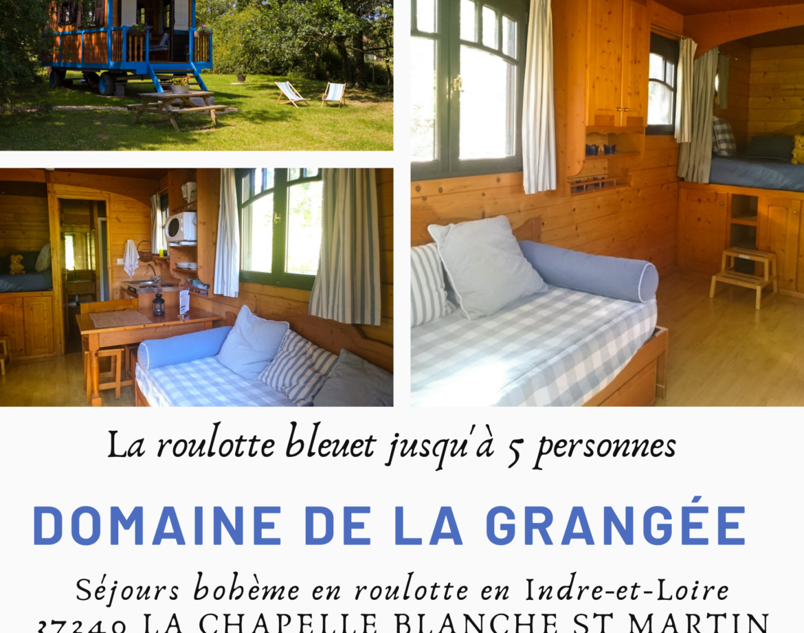 Roulotte bleue pour 5 personnes, intérieur chaleureux avec lit douillet et coin salon.