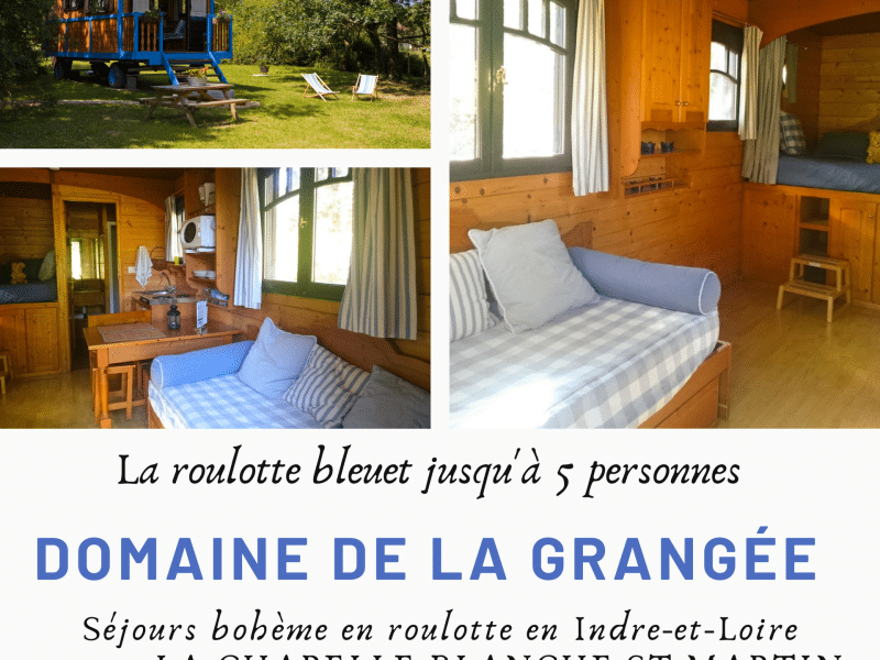 Roulotte bleue pour 5 personnes, intérieur chaleureux avec lit douillet et coin salon.