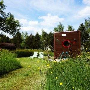 Hébergement insolite en forme de cube, entouré de fleurs sauvages et de chaises longues.