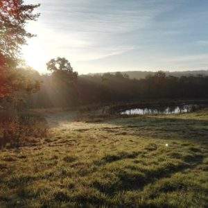 Hébergement insolite en Basse-Normandie, avec vue sur un étang au lever du soleil.