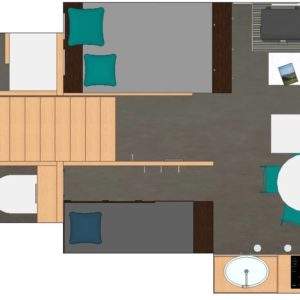 Hébergement insolite en Basse-Normandie : plan dun chalet moderne avec coin salon.