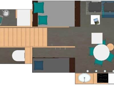 Hébergement insolite en Basse-Normandie : plan dun chalet moderne avec coin salon.