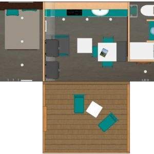 Hébergement insolite en Basse-Normandie, avec un espace salon lumineux et terrasse.