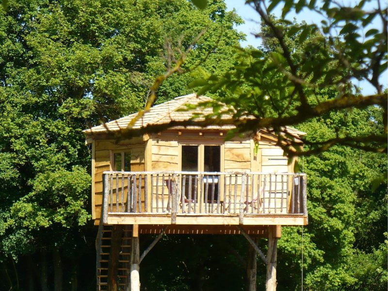 Cabane dans les arbres avec balcon, entourée de verdure luxuriante.
