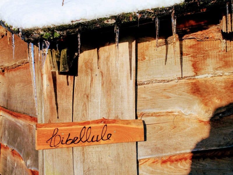 Chalet en bois avec un panneau Libellule et des icicles suspendus.
