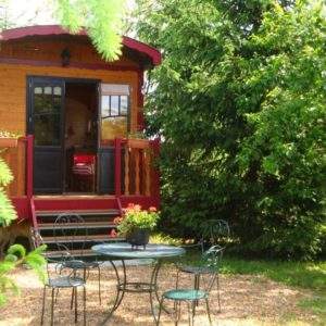 Charmante roulotte en bois avec terrasse, entourée de verdure à Pays de la Loire.