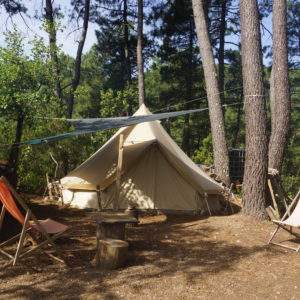 Tente safari au cœur de la nature, entourée de pins et de chaises confortables.