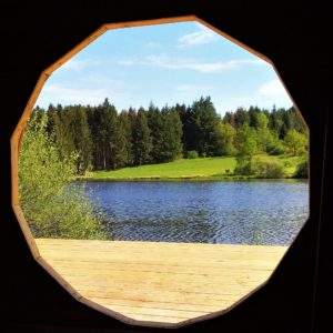 Hébergement insolite en Auvergne : cabane avec vue circulaire sur un lac et la forêt.