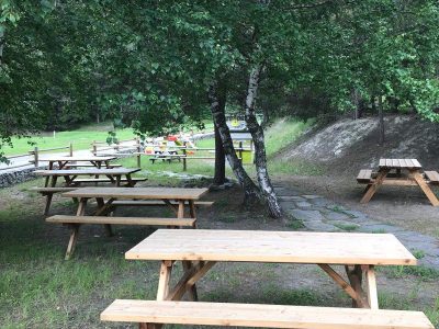 Tables en bois sous un arbre, hébergement insolite en Auvergne-Rhône-Alpes.