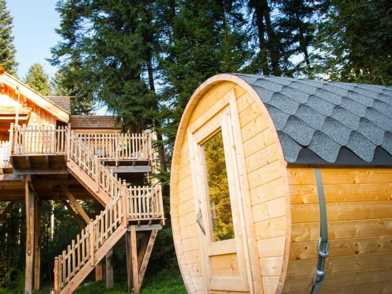 Cabane en bois avec un sauna en rondin, entourée de verdure luxuriante.