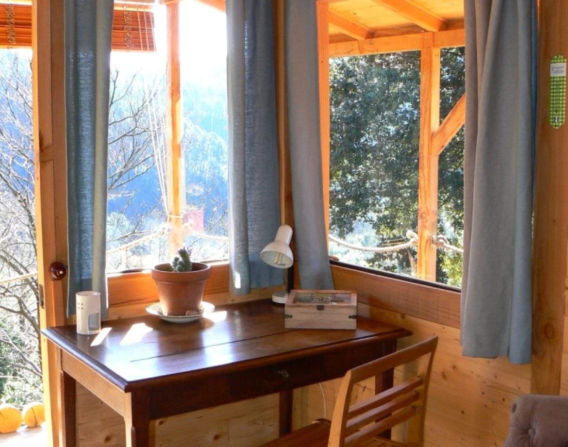 Cabane en bois lumineuse avec vue sur la nature, bureau en bois et rideaux bleus.