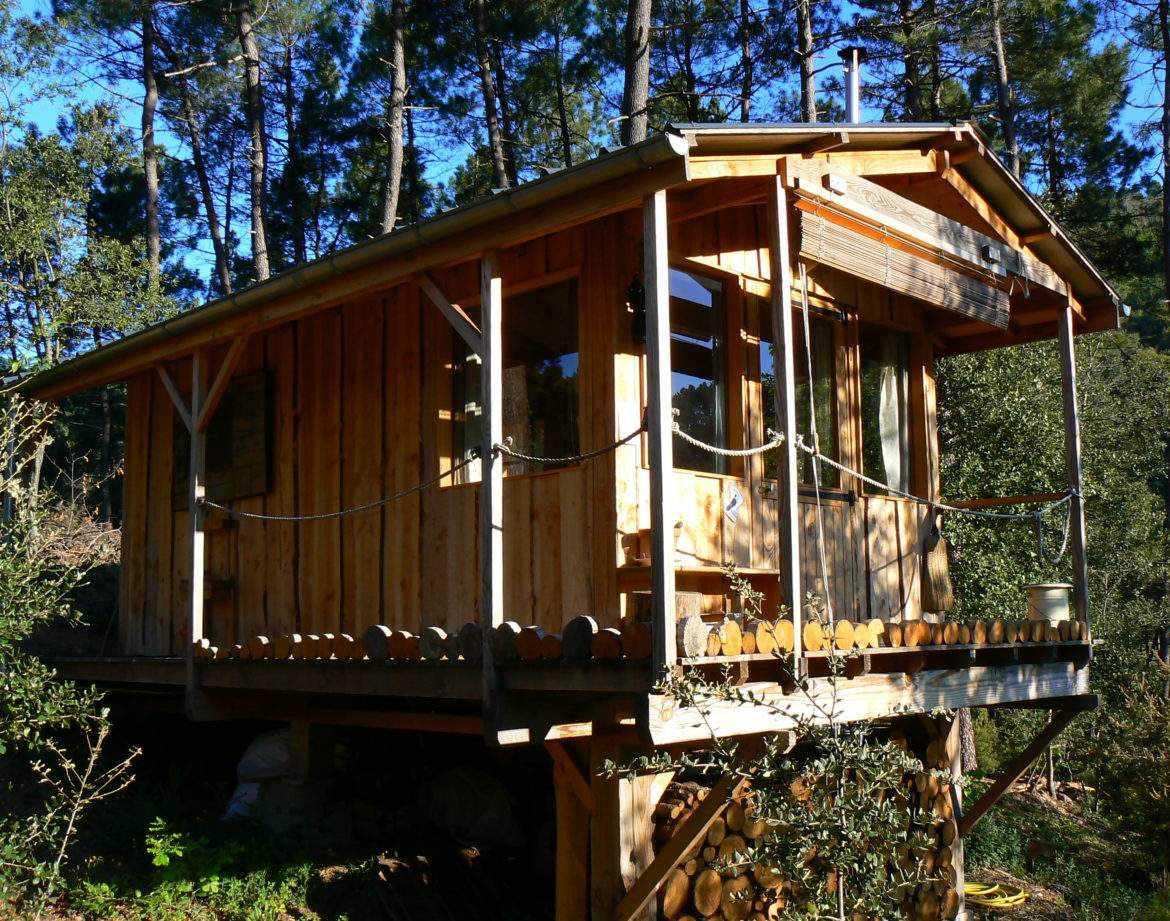 Cabane en bois perchée, entourée de verdure, idéale pour un séjour nature.