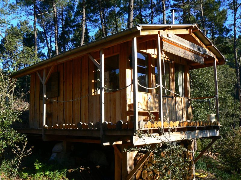 Cabane en bois perchée, entourée de verdure, idéale pour un séjour nature.