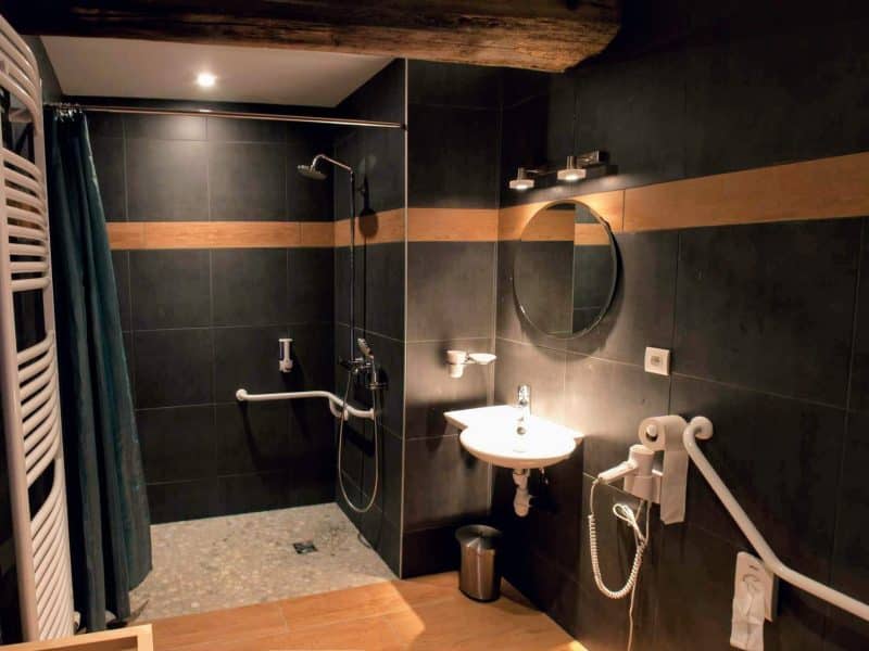 Salle de bain moderne dun hébergement touristique, avec douche spacieuse et décor élégant.