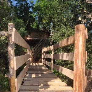 Cabane perchée en Auvergne-Rhône-Alpes, accessible par un pont en bois naturel.