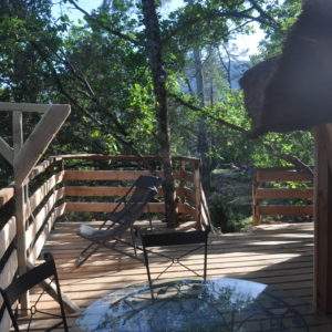 Cabane perchée en bois avec terrasse, entourée de verdure en Auvergne-Rhône-Alpes.