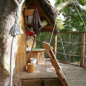 Cabane dans les arbres en Basse-Normandie, avec un espace en bois et une vue sur la nature.