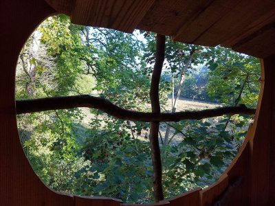 Cabane perchée en Basse-Normandie, vue sur la nature à travers une fenêtre originale.