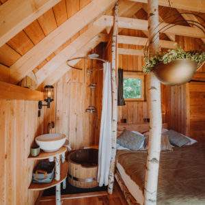 Cabane en bois dans les Alpes, avec douche en bois et ambiance chaleureuse.