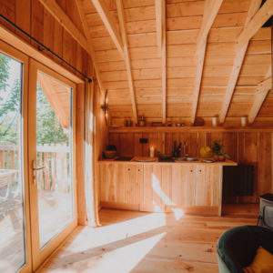 Cabane en bois lumineuse avec cuisine ouverte et vue sur la nature.