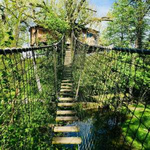 Cabane dans les arbres en Basse-Normandie, accessible par un pont suspendu verdoyant.