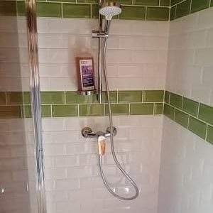 Douche moderne dans un hébergement insolite au Centre, carrelage vert et blanc.