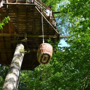 Cabane perchée dans les arbres, avec un panier suspendu au-dessus de la verdure.
